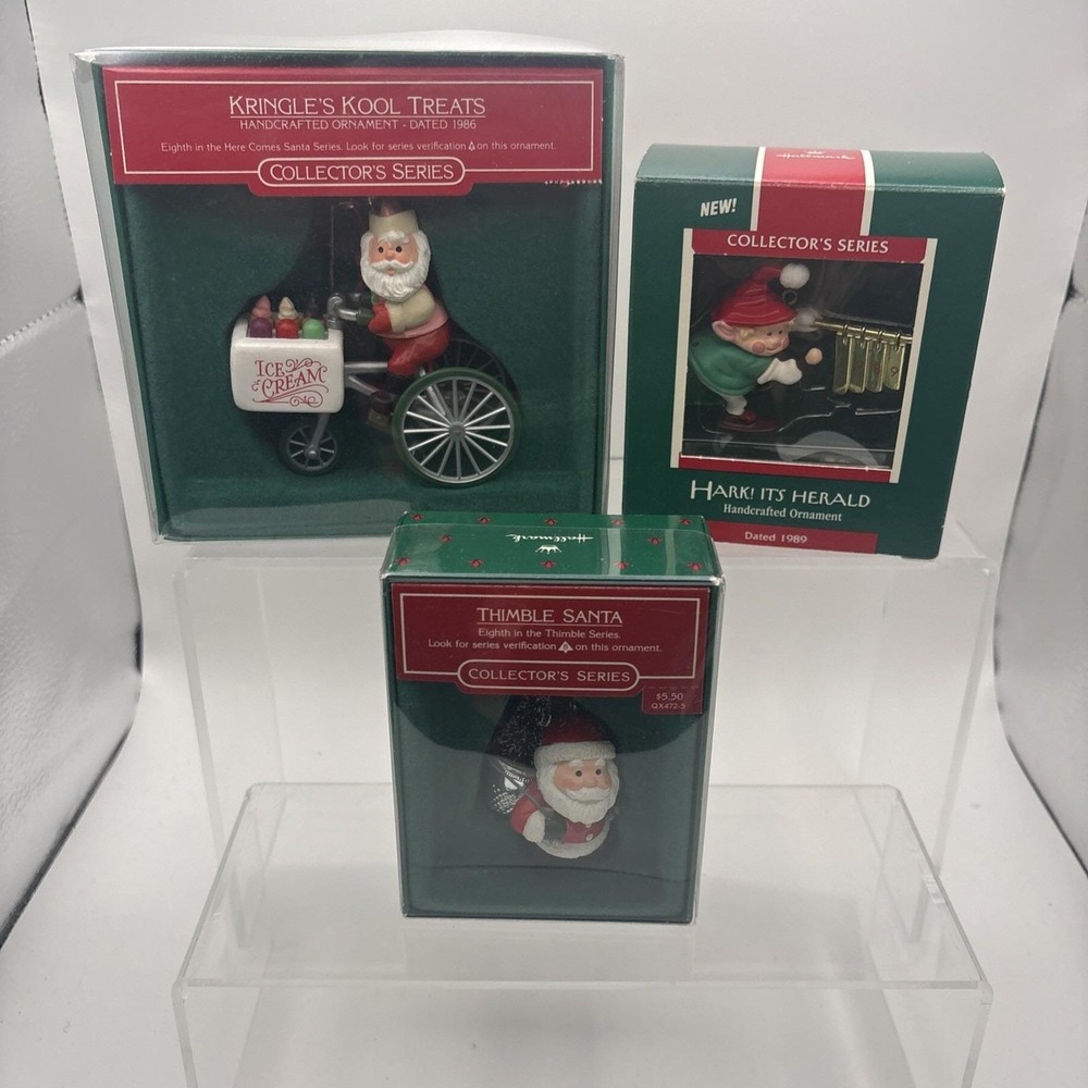 Vtg~Hallmark Ornaments~Lot of 3~Thimble Santa/Kringle's Kool Treats/Hark Herald
